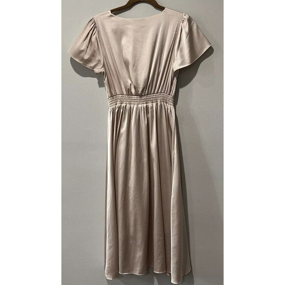 Baltic Born Poppy Satin Midi Dress XS Knot Front Flutter Sleeve Champagne Tie - Picture 2 of 11